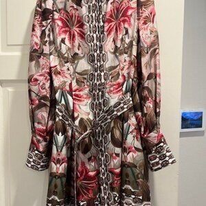 Linen Viscose Border Print Floral Woven Dress long sleeve size US 6